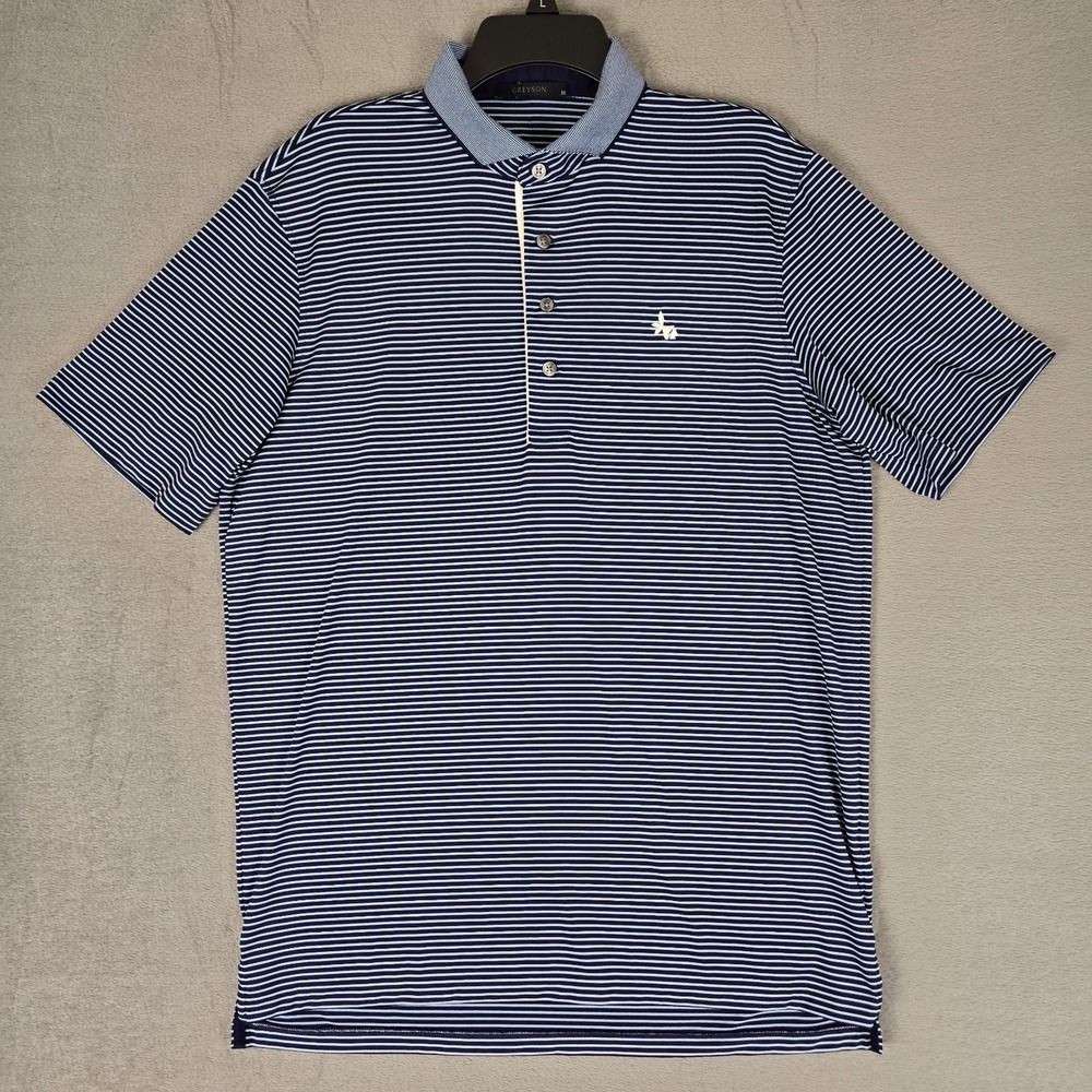 Greyson Polo Shirt‎ Mens Medium Blue Striped Golf Stretch Performance Logo
